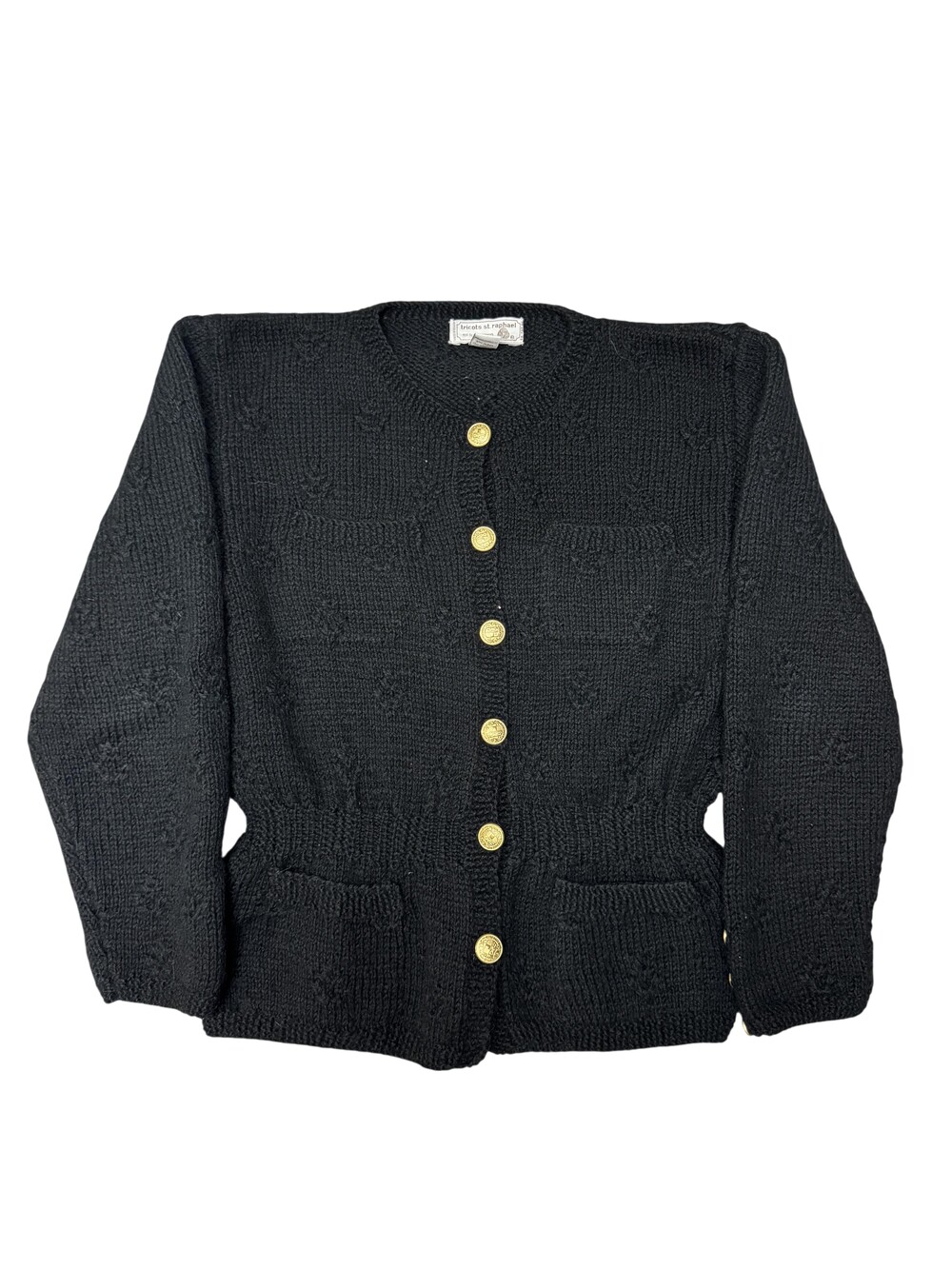 Vintage Tricots St Raphael Cardigan Sweater Womens Small Black Wool Knit 80s